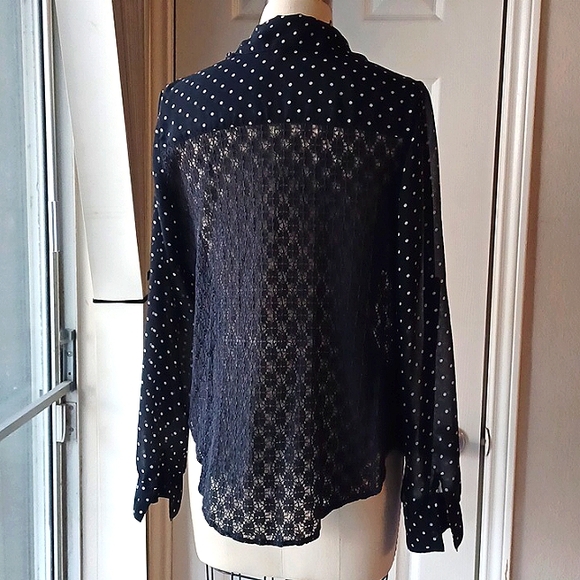 Black and White Polka Dot Sheer Chiffon Lace Back Button Down - Picture 3 of 6